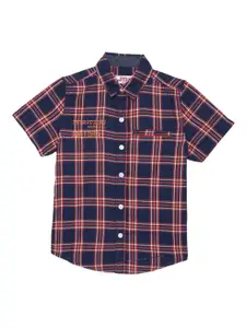 UNDER FOURTEEN ONLY Boys Navy Blue & Red Opaque Checked Casual Shirt