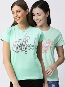 Kryptic Women Pack Of 2 Green & Pink Printed Pure Cotton Lounge T-Shirts