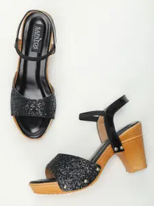 SAPATOS Black Embellished Block Sandals with Backstrap
