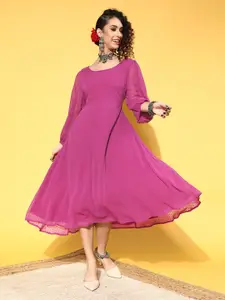 Anouk Purple Dobby Weaved A-Line Midi Dress