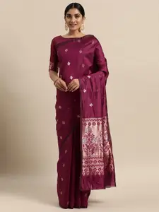 Mitera Magenta & Silver-Toned Ethnic Motifs Silk Blend Saree