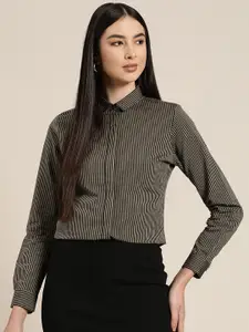 Hancock Women Black & Grey Pure Cotton Slim Fit Striped Formal Shirt