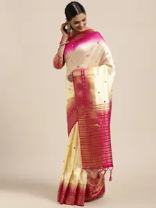 Mitera Cream-Coloured & Pink Mirror Work Embellished Saree