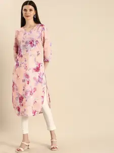 Anouk Women Peach-Coloured & Purple Floral Printed A-Line Kurta With Knot Detail