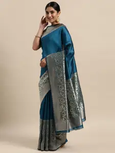 Mitera Turquoise Blue & Silver-Toned Floral Zari Silk Blend Saree