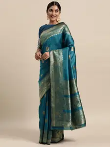Mitera Blue Floral Zari Silk Blend Saree