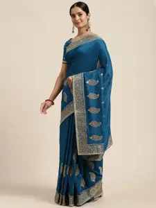 Saree mall Teal Silk Blend Vichitra Ethnic Embelished Party Sarees