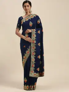Mitera Navy Blue Vichitra Ethnic Motifs Embroidered Silk Blend Saree