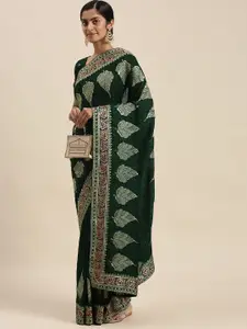 Mitera Green Floral Beads and Stones Silk Blend Saree