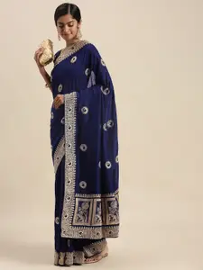 Mitera Blue Ethnic Motifs Beads and Stones Silk Blend Saree