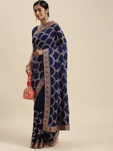 Mitera Navy Blue Vichitra Embroidered Silk Blend Saree