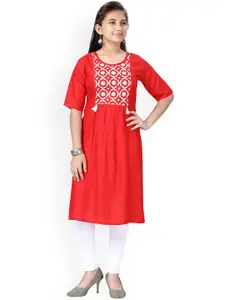Aarika Girls Red Floral Embroidered Pure Cotton A-Line Kurta