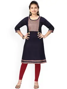 Aarika Girls Navy Blue & Gold-Toned Yoke Design Pure Cotton Kurta