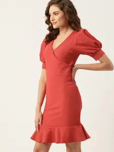 4WRD by Dressberry Coral Pink Self Design Wrap Dress