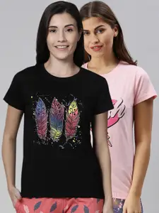 Kryptic Women Pack Of 2 Black & Pink Printed Cotton Lounge T-Shirts