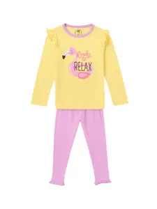 Cub McPaws Girls Yellow & Pink Printed Night suit
