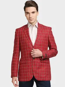 ColorPlus Men Red & White Checked Linen Single Breasted Blazer