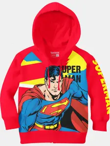 BONKIDS Boys Red Superman Printed Hooded Sweatshirt