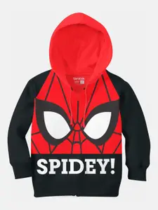 BONKIDS Girls Black & Red Spiderman Printed Hooded Sweatshirt