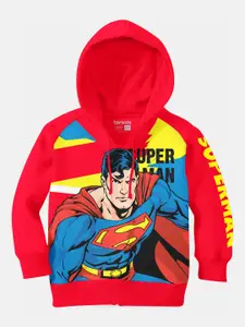 BONKIDS Girls Red & Blue Superman Printed Cotton Hooded Sweatshirt
