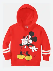 BONKIDS Girls Red Mickey Printed Hooded Sweatshirt