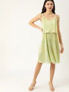 DressBerry Green & Golden Striped Accordion Pleats Layered A-Line Dress