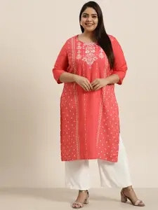 Sztori Women Plus Size Coral Pink Ethnic Motifs Printed Kurta