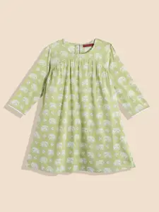 House of Pataudi Girls Green & White Elephant Print Pure Cotton A-Line Dress