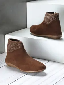 Shezone Women Brown Printed Flat Boots