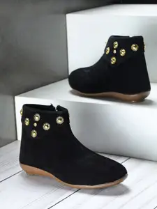 Shezone Women Black Mid-Top Flat Boots