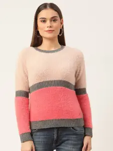 ELLE Women Pink & Grey Colourblocked Pullover with Fuzzy Detail