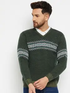 Duke Men Green & White Cable Knit Printed Pullover