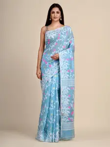 Laa Calcutta Blue & Pink Ethnic Motifs Silk Cotton Jamdani Saree