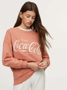 Mango Kids Girls Peach-Coloured & White Typography Print Cotton Longline Sweatshirt
