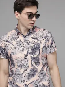 THE BEAR HOUSE Men Peach-Coloured Slim Fit Floral Print Pure Cotton Casual Shirt