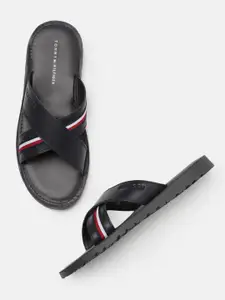 Tommy Hilfiger Men Navy Blue & Black Leather Criss Cross Comfort Sandals