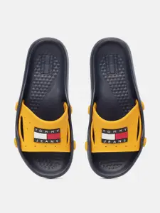 Tommy Hilfiger Tommy Hilfiger Jeans Men Yellow & Navy Blue Brand Logo Applique Pool Sliders with Cut-Outs