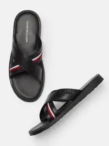Tommy Hilfiger Men Black Leather Criss Cross Comfort Sandals