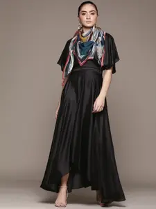 Ritu Kumar Black Solid Satin High-Low Cut-Out & Tie-Ups Maxi Wrap Dress Scarf & Bandeau