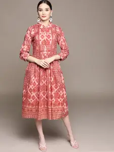 aarke Ritu Kumar Pink & Orange Ethnic Motifs Print Cotton Shirt Midi Dress