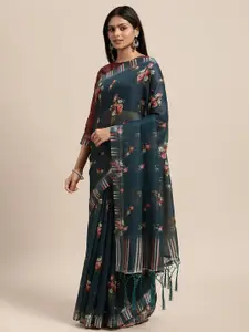 Janasya Teal & Peach-Coloured Floral Print Linen Blend Saree