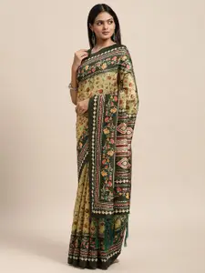 Janasya Green & Beige Floral Print Silk Blend Bhagalpuri Saree
