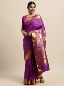 Janasya Purple Ethnic Motifs Woven Design Silk Cotton Heavy Work Saree