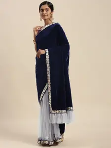 Sangria Blue Embellished Embroidered Velvet Net Half and Half Saree