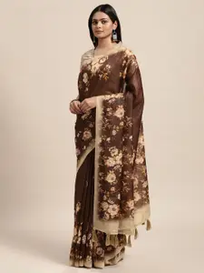 Janasya Brown & Beige Floral Cotton Blend Saree
