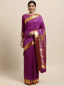 Janasya Purple Floral Woven Design Silk Cotton Heavy Work Saree
