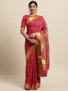 Janasya Pink Ethnic Motifs Woven Design Silk Cotton Heavy Work Saree