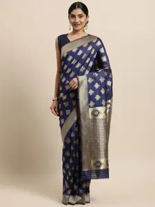 Janasya Blue Floral Woven Design Silk Blend Heavy Work Banarasi Saree