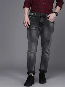 Voi Jeans Men Charcoal Grey Track Skinny Fit Heavy Fade Acid Wash Stretchable Jeans