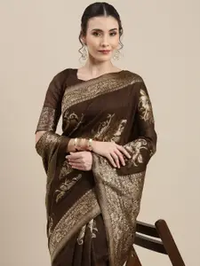 Saree mall Brown Floral Linen Blend Banarasi Saree